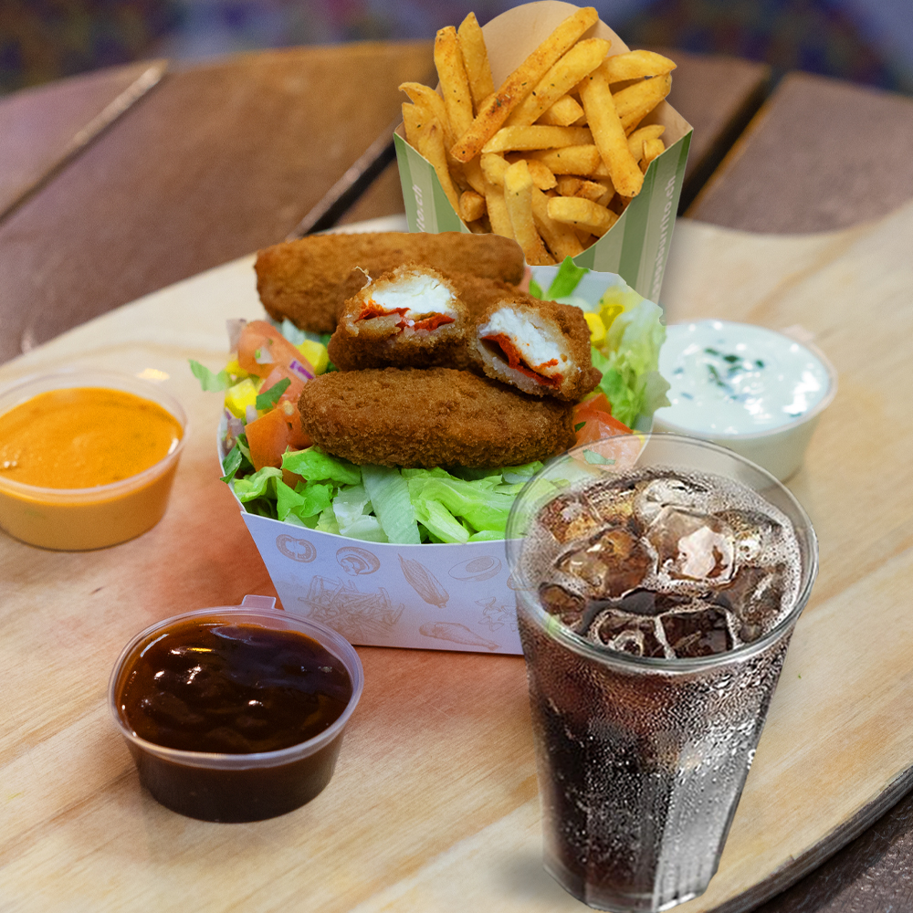Bei Papa Burrito bekommst du Snacks, wie Chili Cheese Nuggets, frittierte Jalapeños mit Frischkäse, feine Chickenwings oder Chickennuggets.