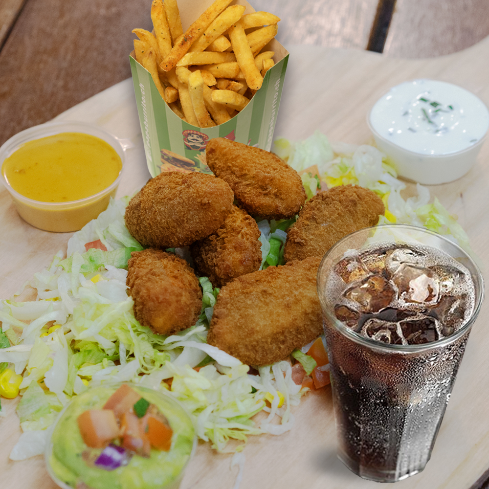 Bei Papa Burrito bekommst du Snacks, wie Chili Cheese Nuggets, frittierte Jalapeños mit Frischkäse, feine Chickenwings oder Chickennuggets.